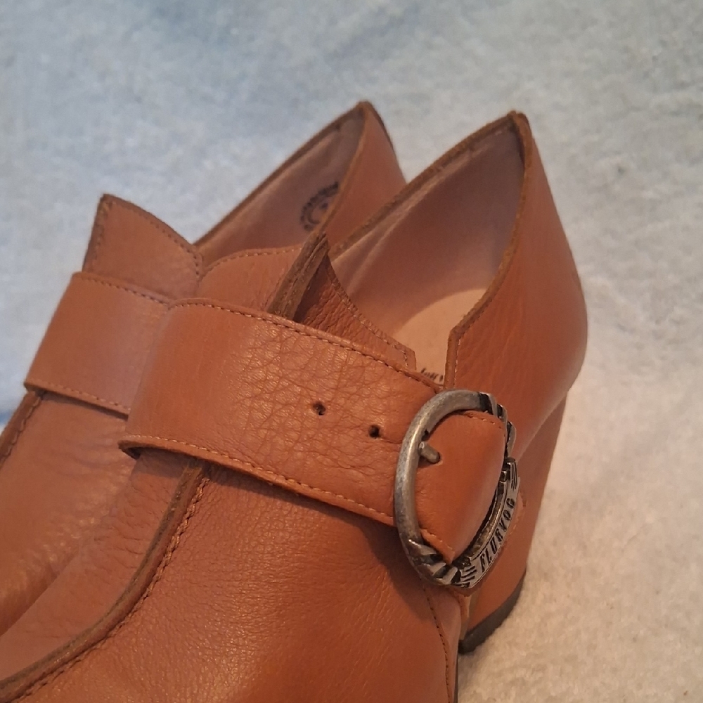 Leather Buckle Clog Heels in Cognac Brown - Picture 6 of 12